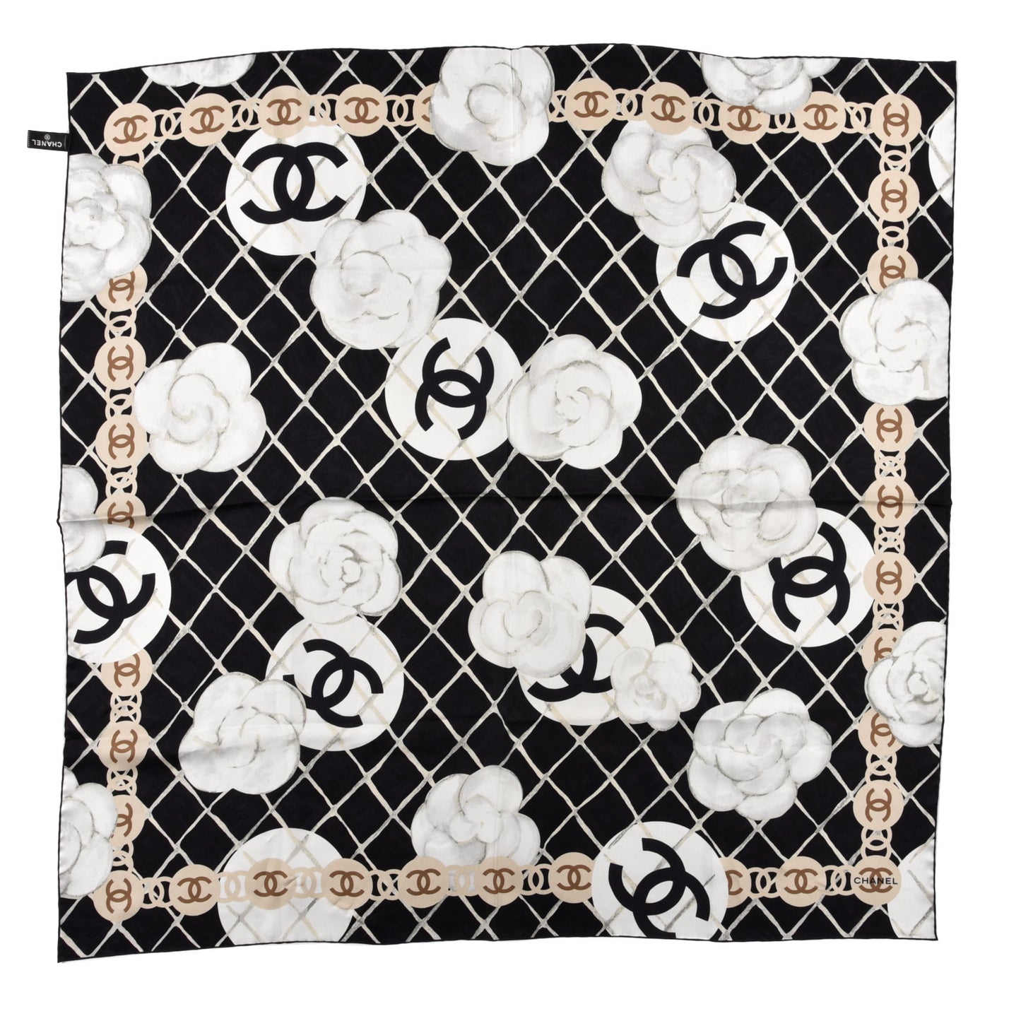 Silk Camellia CC Square Scarf Black
