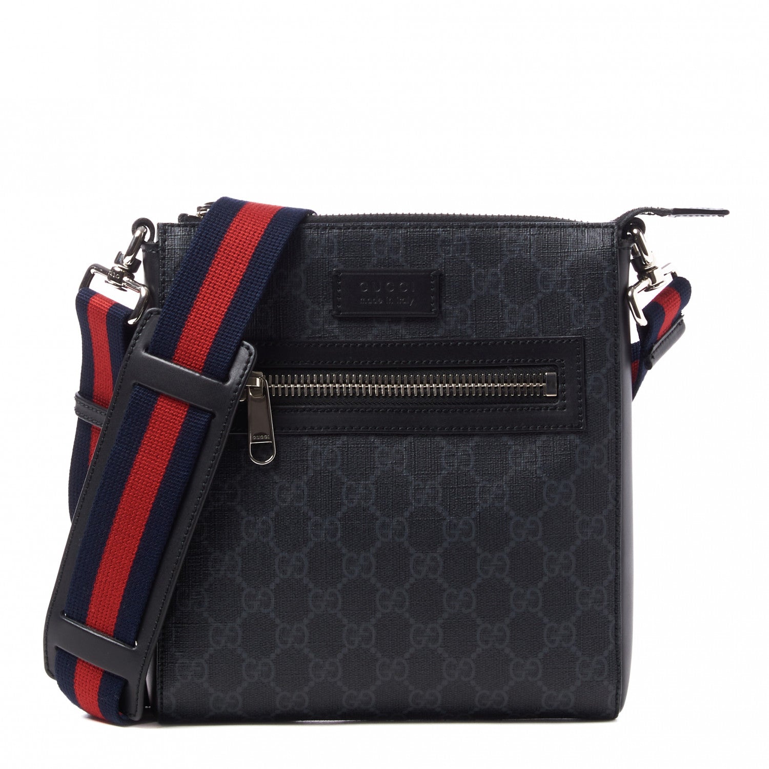 Gucci GG Supreme Monogram Web Small Flat Messenger Bag Black Grey 1 of 10