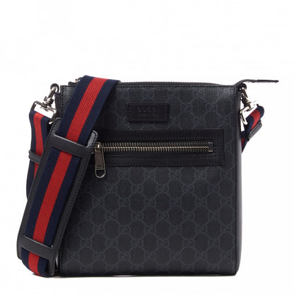 Gucci GG Supreme Monogram Web Small Flat Messenger Bag Black Grey 1 of 10