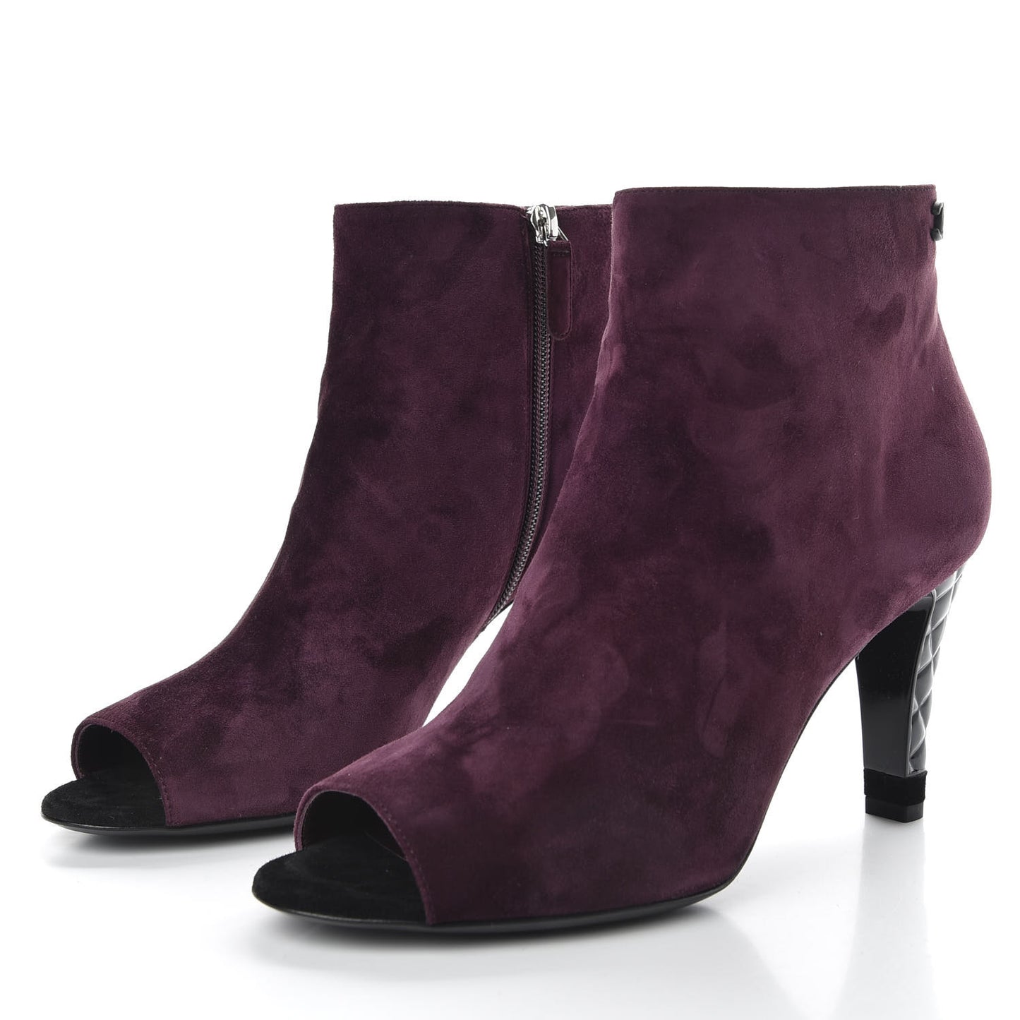 Suede Calfskin Patent Quilted CC Peep Toe Short Boots 40 Purple