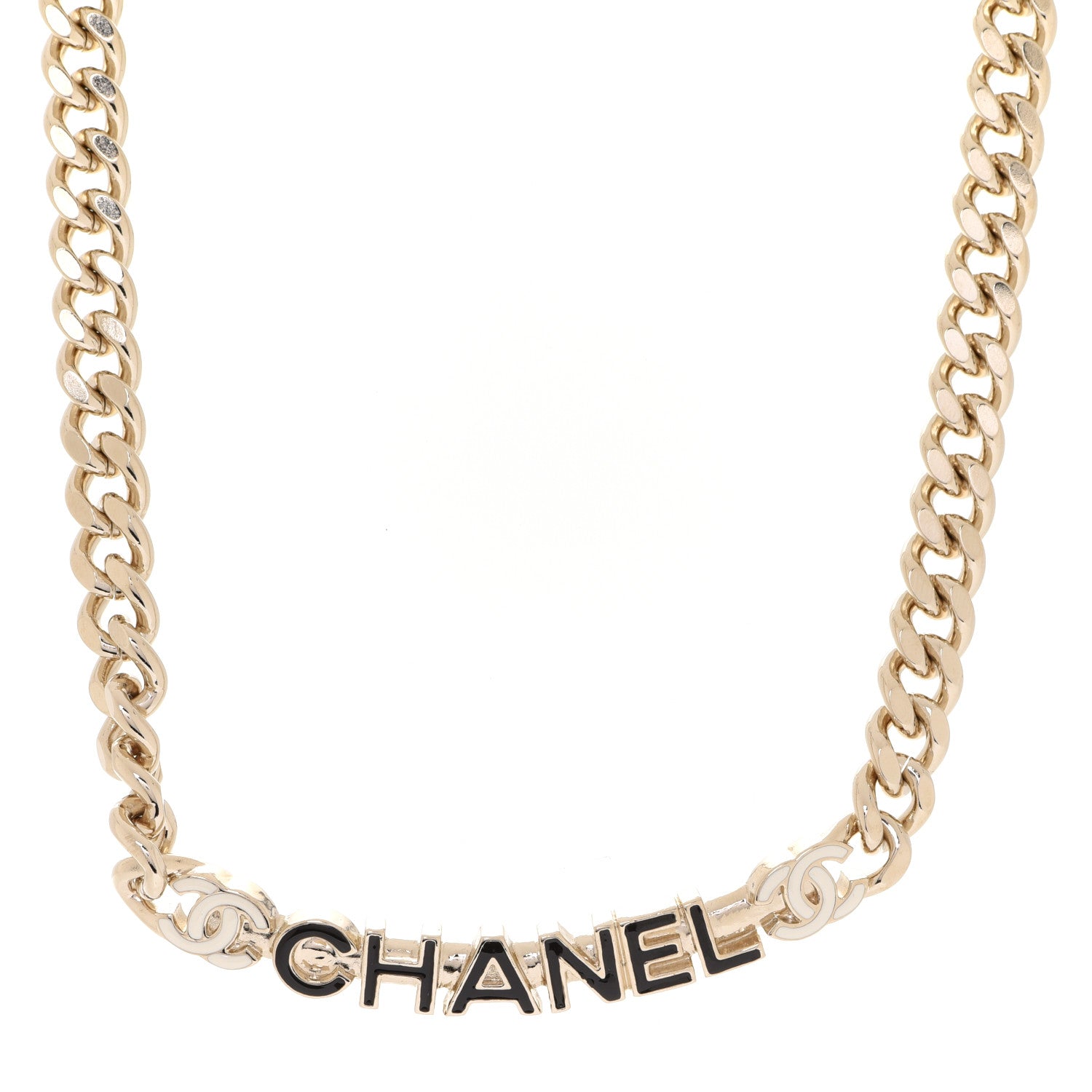 Chanel Enamel Metal Logo Choker Necklace Gold White Black 1 of 6