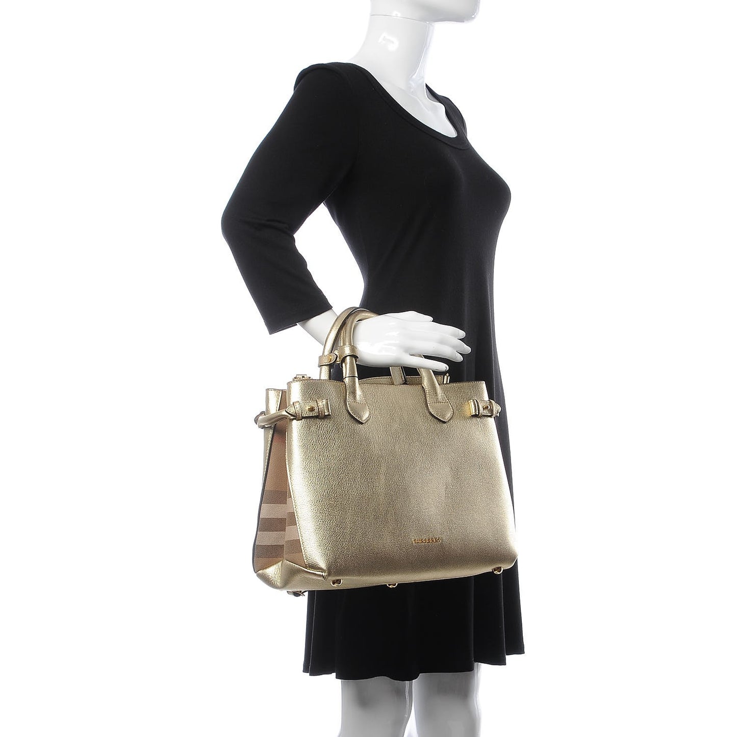 Metallic Grainy Calfskin House Check Medium Banner Tote Gold