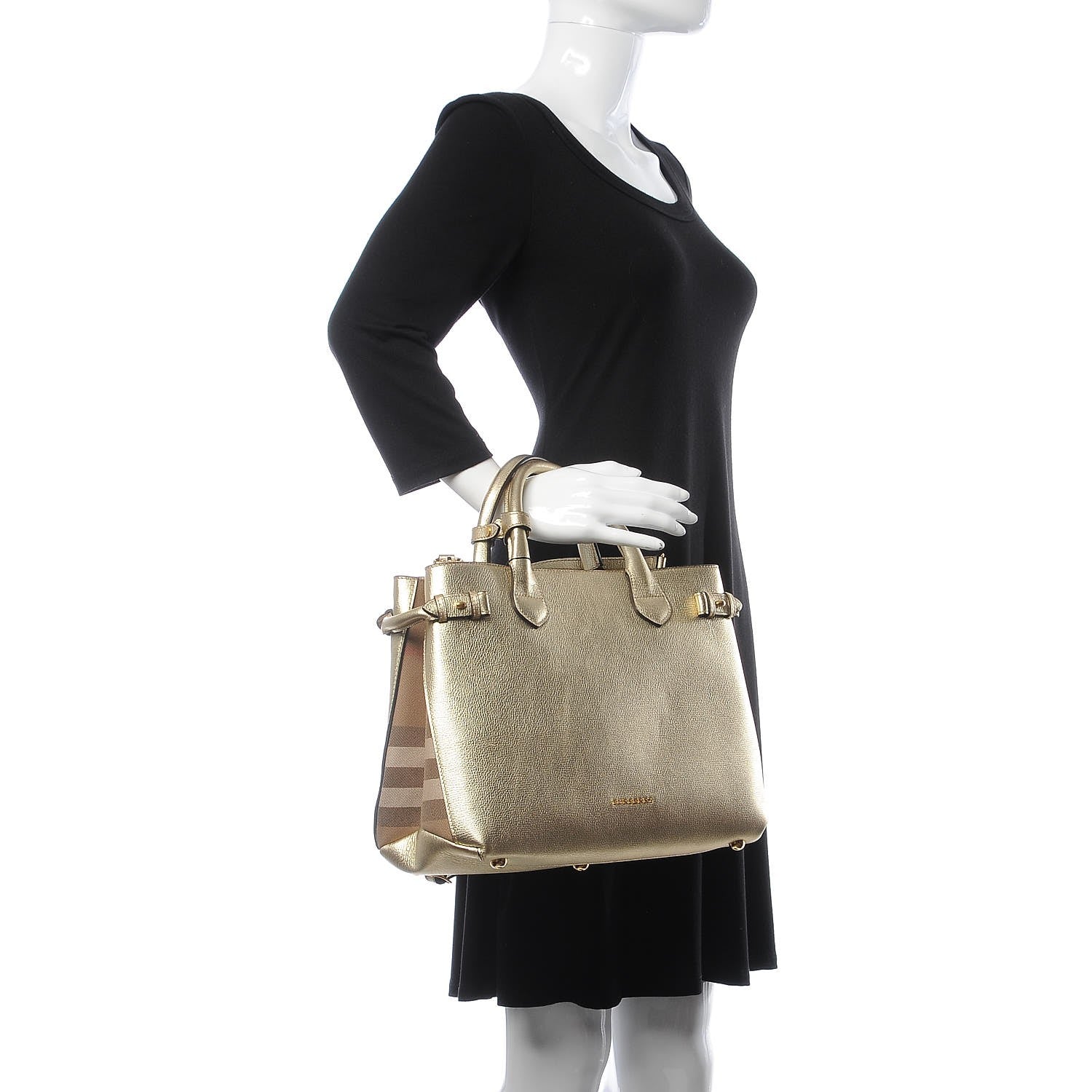 Burberry Metallic Grainy Calfskin House Check Medium Banner Tote Gold 2 of 9