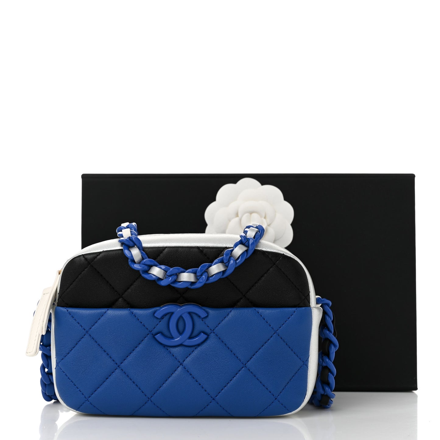 Shiny Lambskin Monochrome Chain Mini Camera Case Bag Blue Black Silver