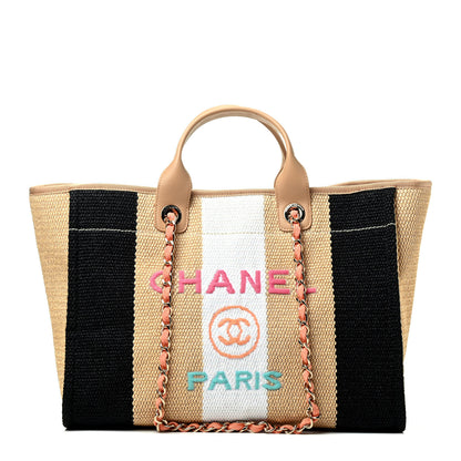 Chanel Straw Raffia Calfskin Striped Medium Deauville Tote Black Beige Ivory 2 of 18