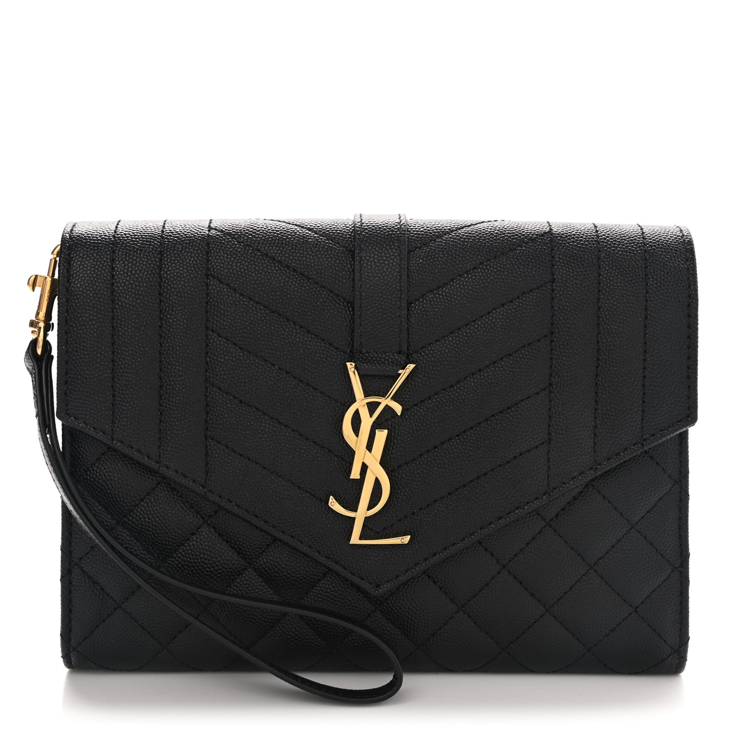 Saint Laurent Grain De Poudre Textured Mixed Matelasse Triquilt Monogram Clutch Black 1 of 7