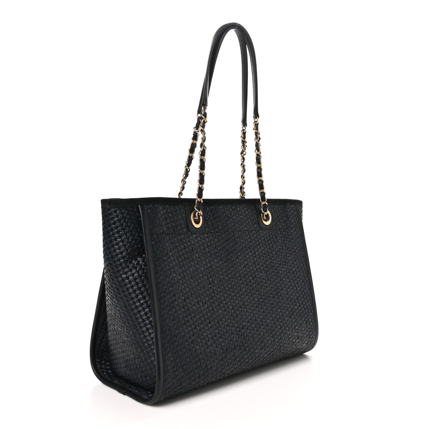 Straw Raffia Calfskin Chain Small Deauville Tote Black