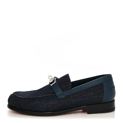 Hermes Denim Canvas Calfskin Mens Destin Loafer 43 Bleu Brut Bleu Céleste 1 of 8