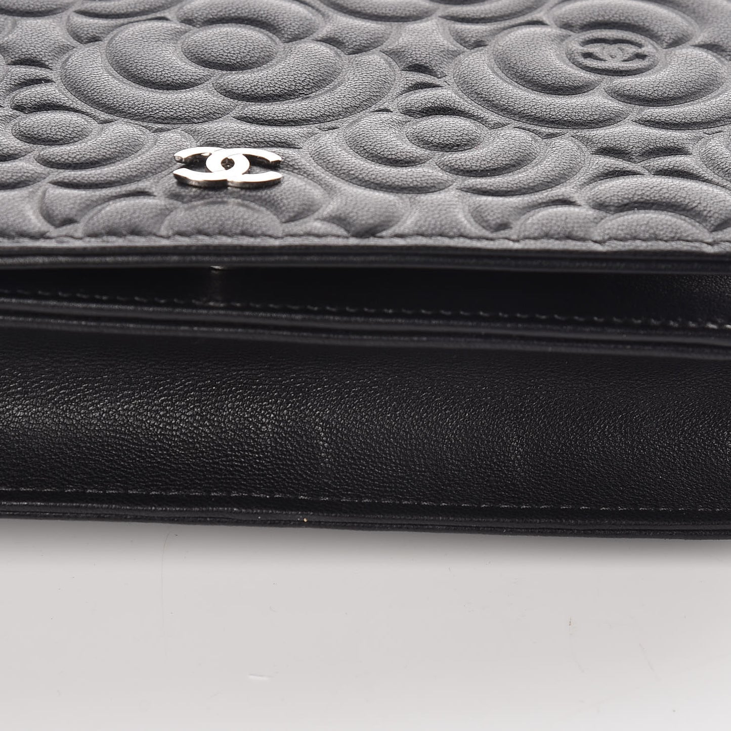 Lambskin Camellia Embossed Wallet On Chain WOC Black