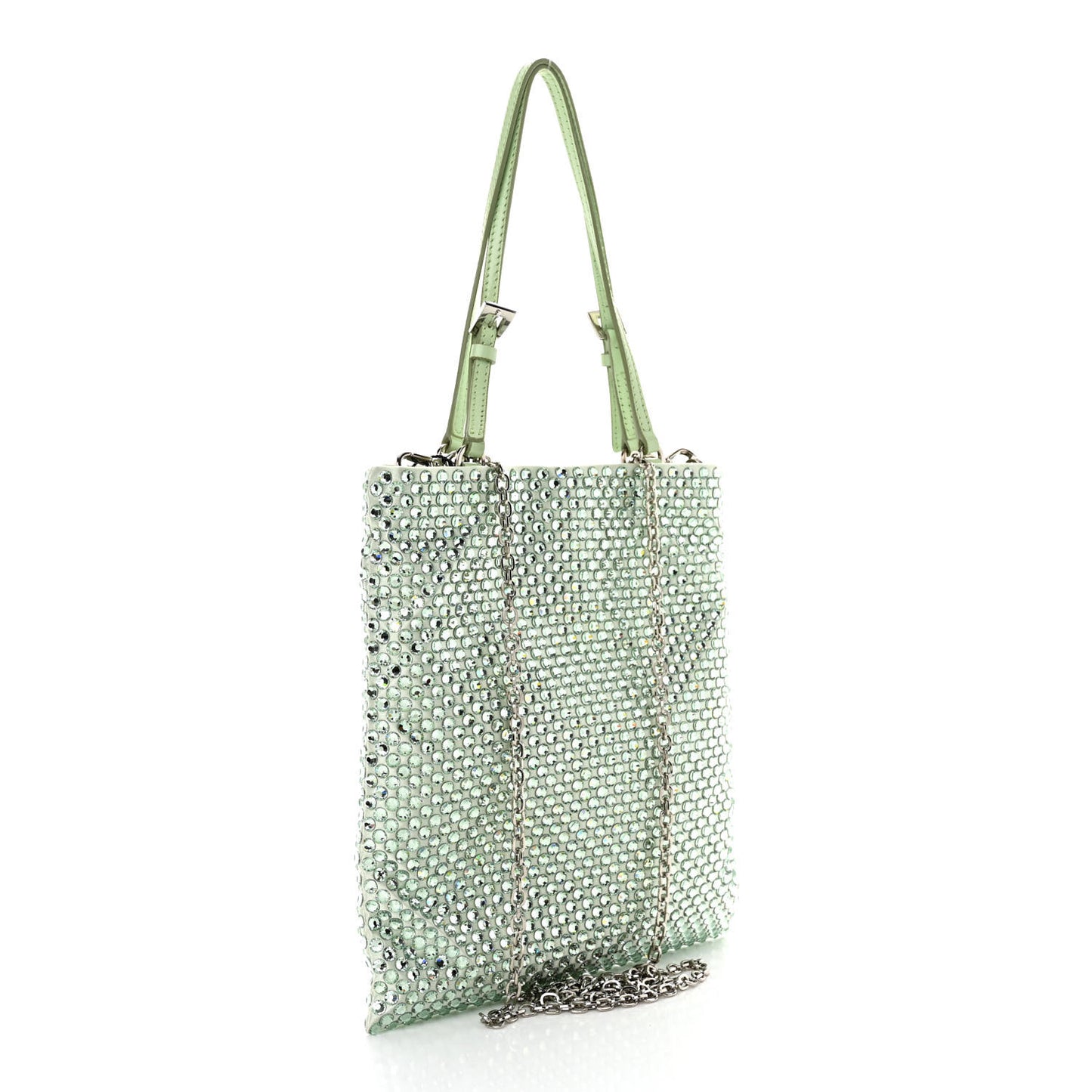 Satin Crystal Metal Triangle Logo Chain Crossbody Handbag Acqua Acqua