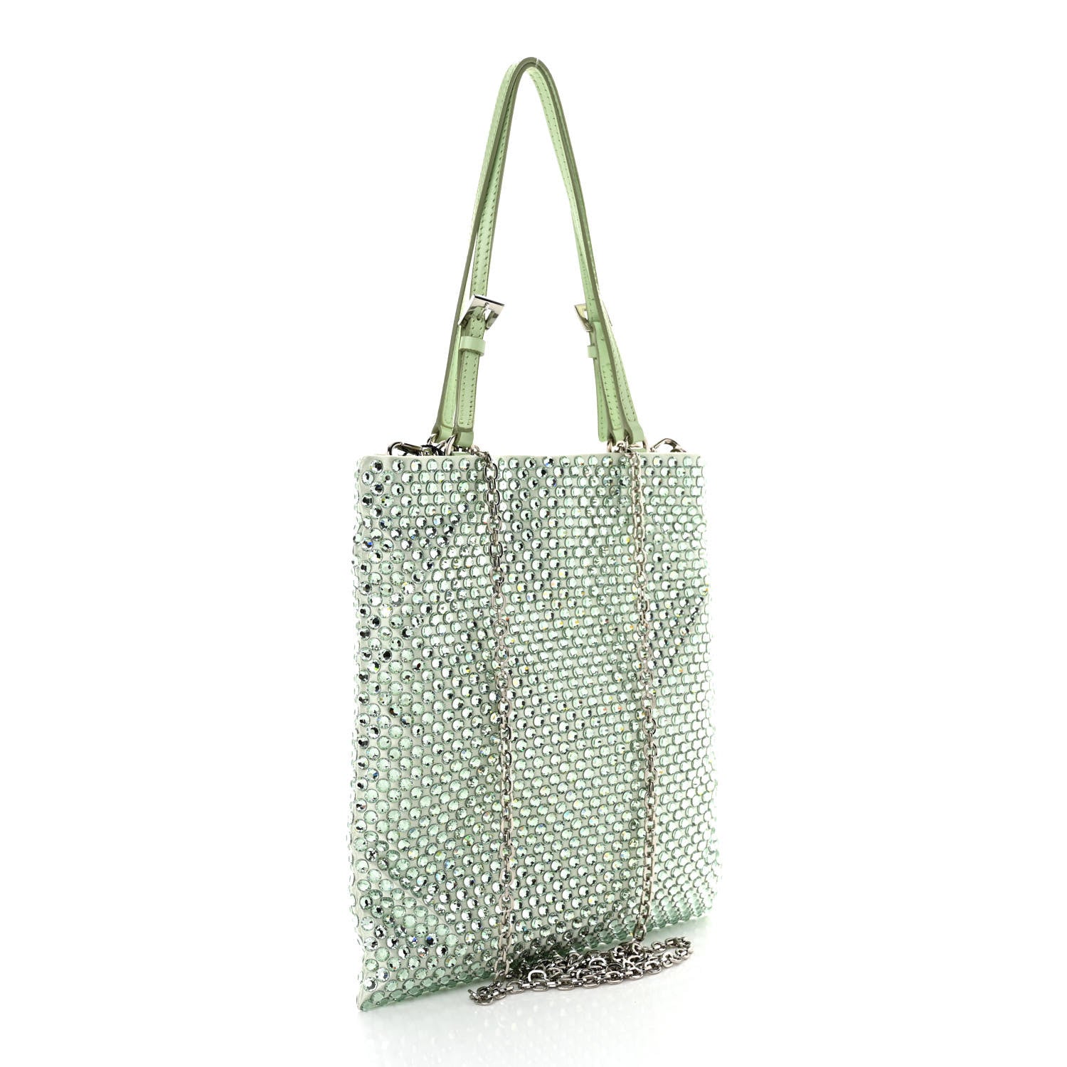 Prada Satin Crystal Metal Triangle Logo Chain Crossbody Handbag Acqua Acqua 3 of 10