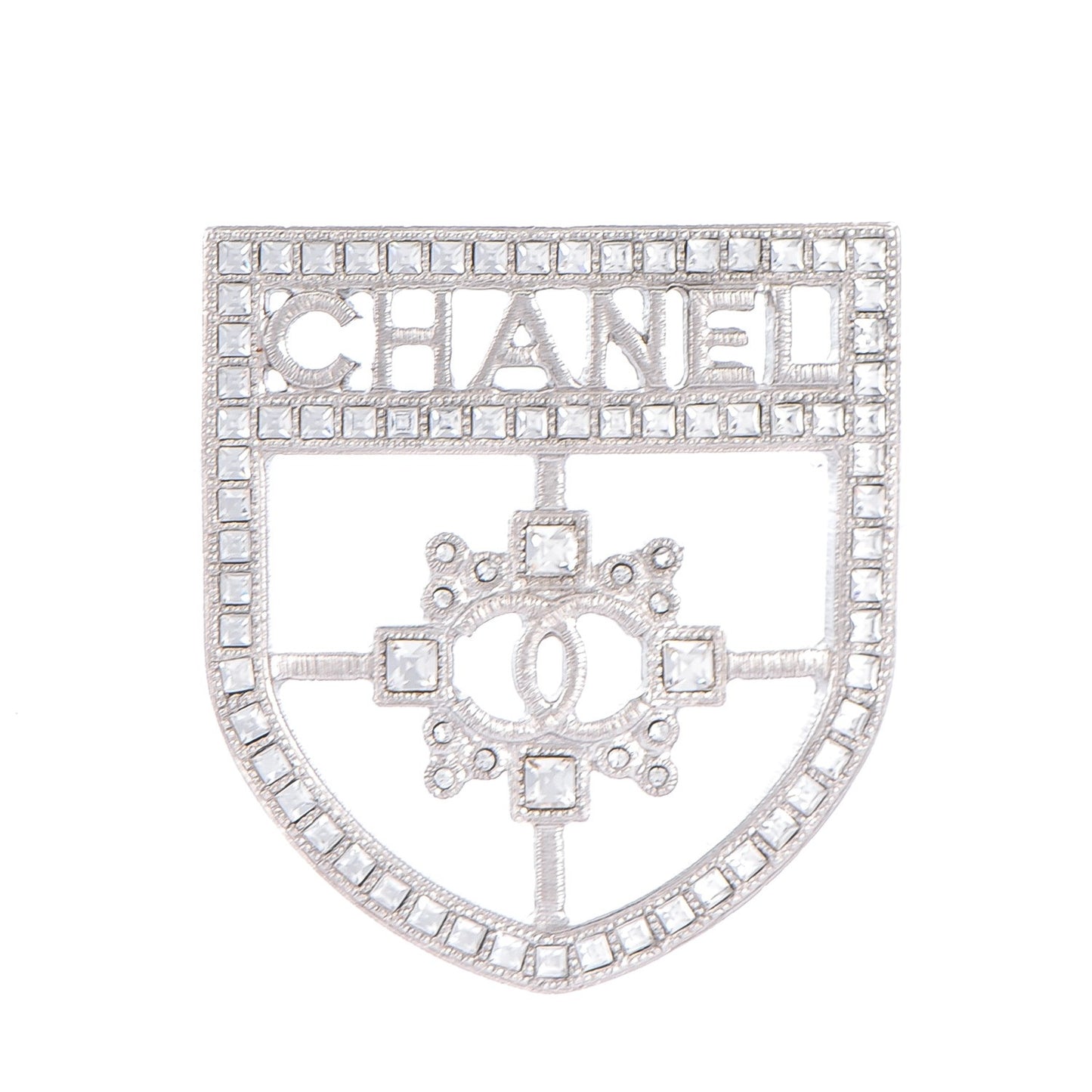 Swarovski Baguette Crystal CC Shield Brooch Silver