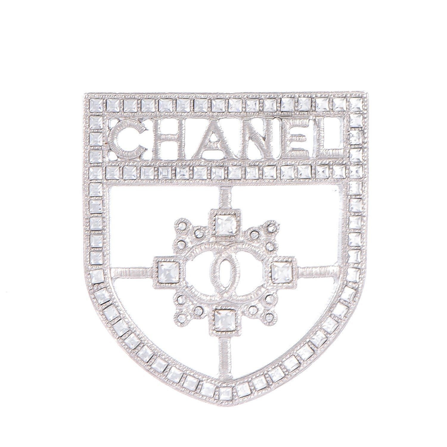 Chanel Swarovski Baguette Crystal CC Shield Brooch Silver 1 of 5