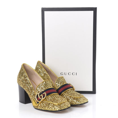 Gucci Glitter Nappa Web Peyton 75mm Loafer Pumps 35.5 Oro Vecchio 9 of 10