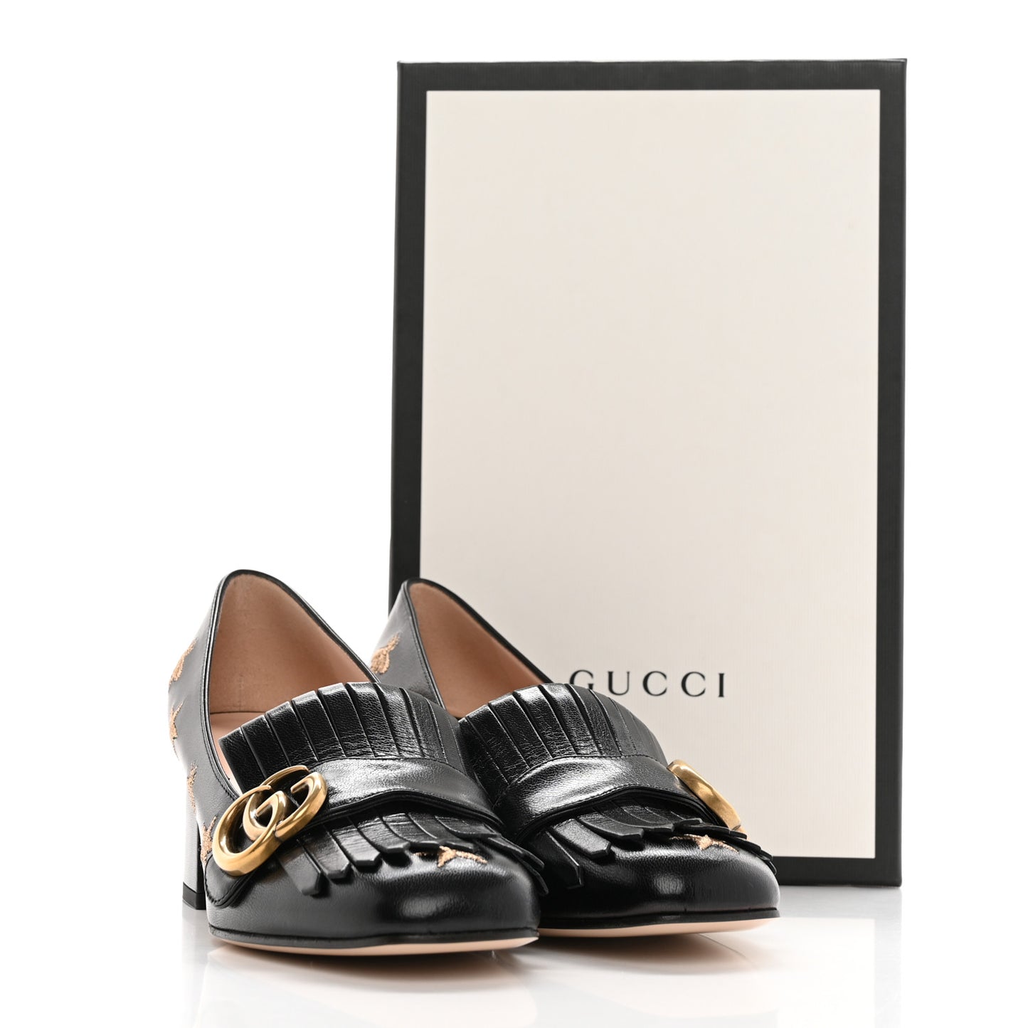 Quentin Goatskin Bee Star Embroidered GG Marmont Fringe 50mm Loafer Pumps 37 Black