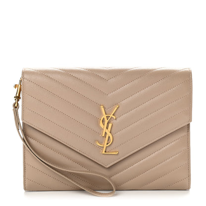 Saint Laurent Grain De Poudre Matelasse Chevron Monogram Envelope Clutch Dark Beige 1 of 8