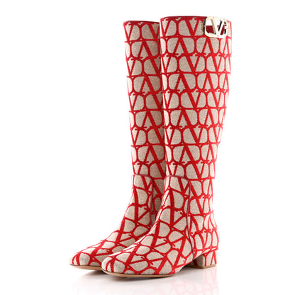 Valentino Garavani Toile Iconographe Calfskin Vlogo Knee High 30mm Boots 39 Naturale Rosso Valentino 3 of 17