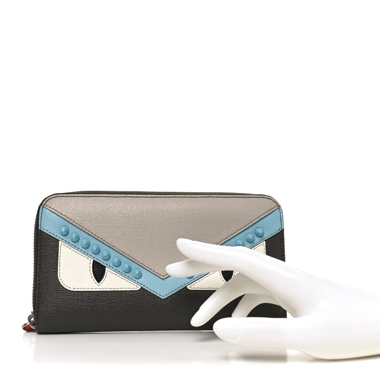 Vitello Elite Monster Eyes Studded Zip Around Wallet Carbone White Multicolor