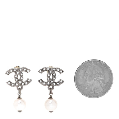 Chanel Crystal Pearl CC Drop Earrings Silver 2 of 5