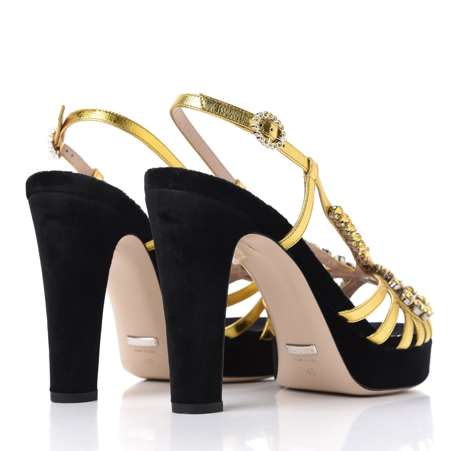 Gucci Velvet Nappa Crystal Zephyra Slingback Platform High Heel Sandals 40 Black Gold 4 of 9