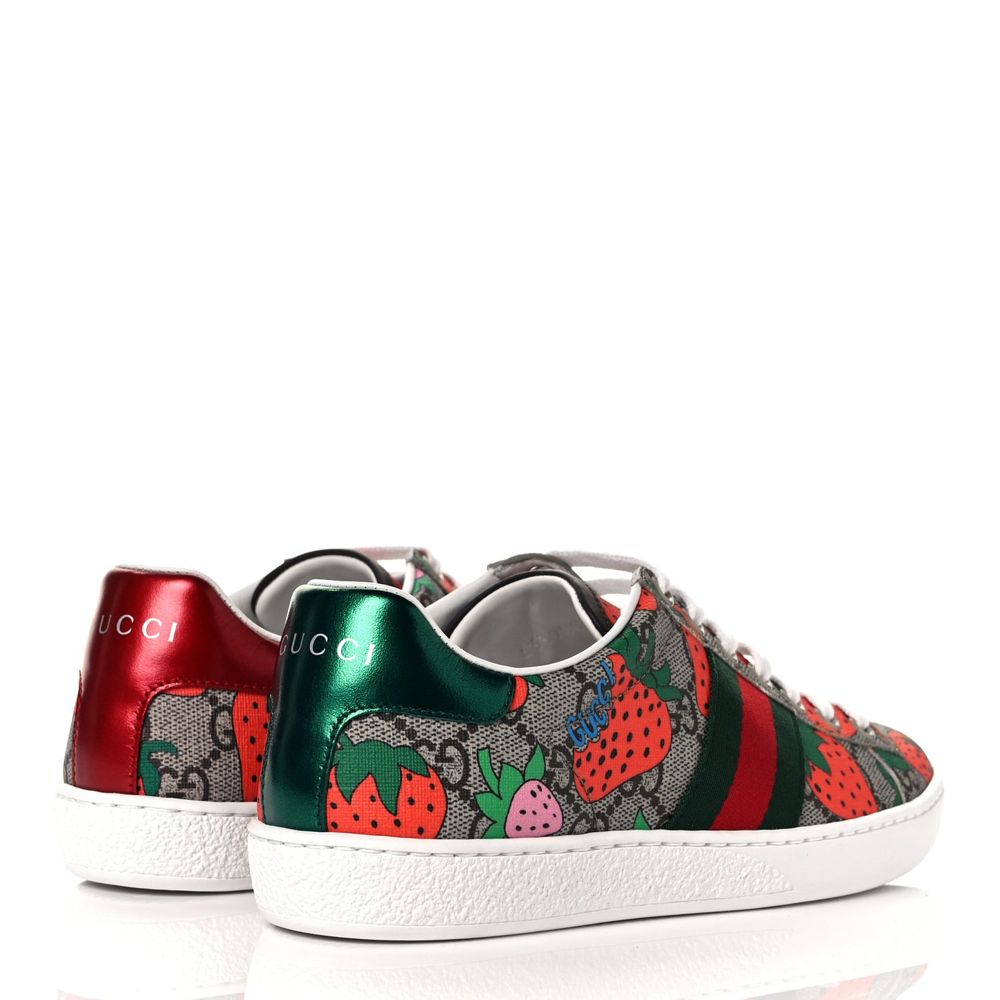 GG Supreme Monogram Strawberry Web Womens Ace Sneakers 35 Beige Multicolor Red Green