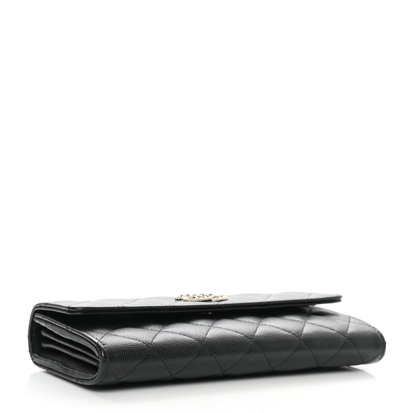 Caviar Quilted Crystal CC Large Gusset Flap Wallet Black