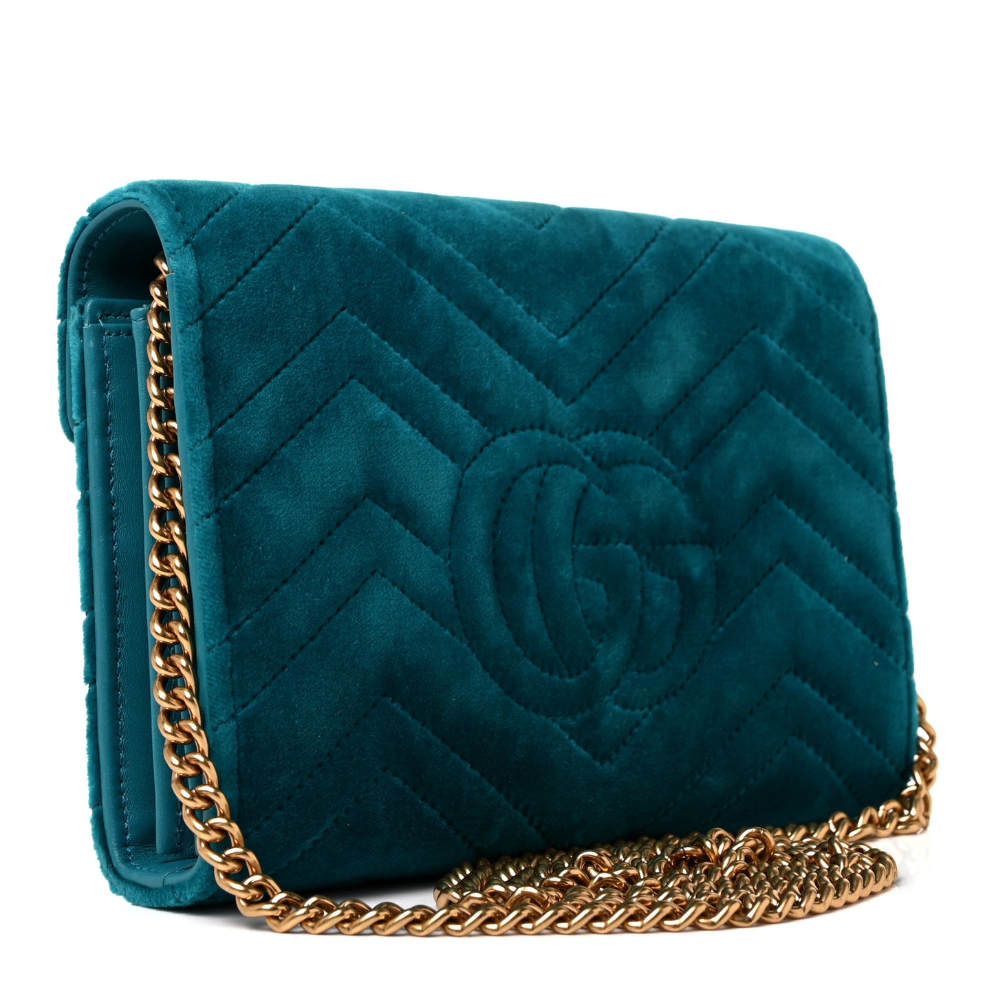 Velvet Matelasse GG Marmont Chain Wallet Pavone Cyan