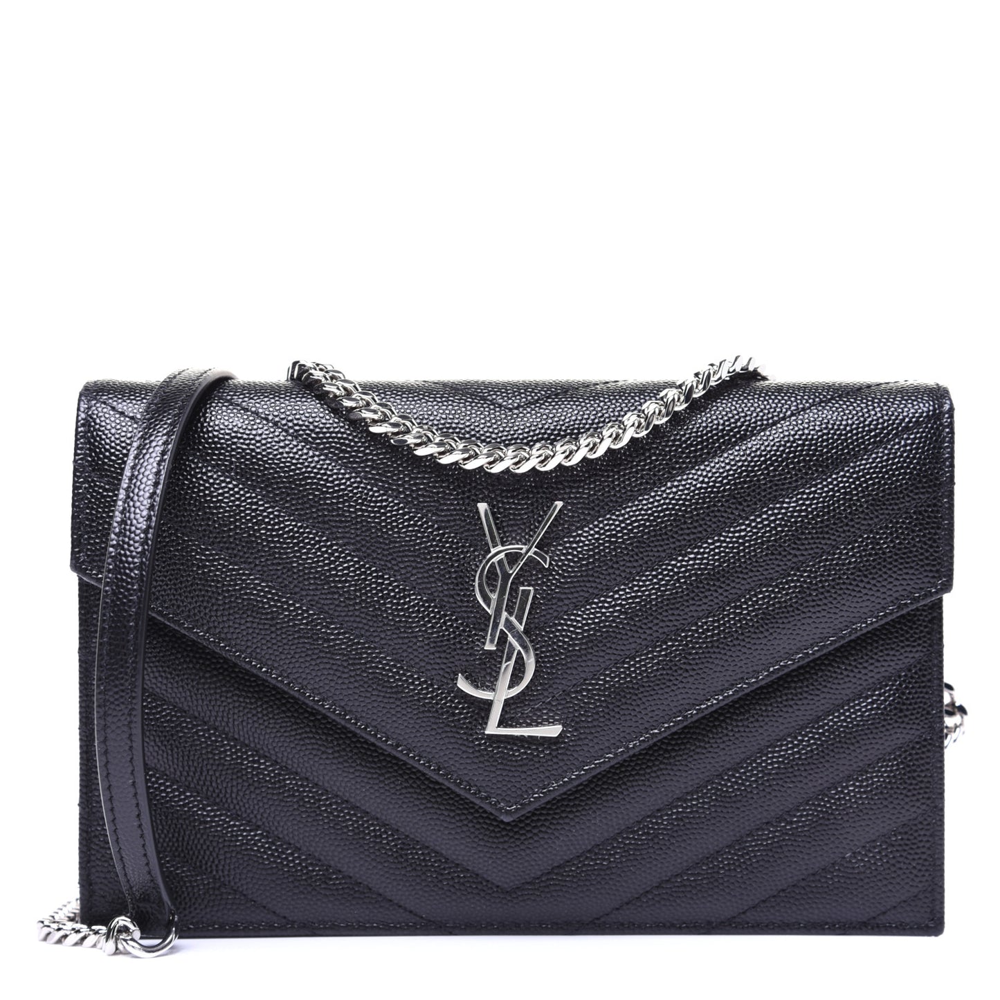 Grain De Poudre Matelasse Chevron Monogram Envelope Chain Wallet Black