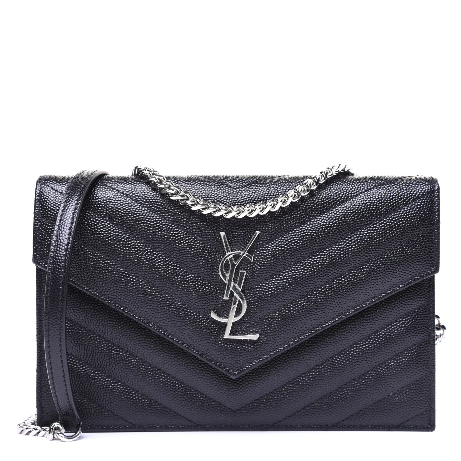 Saint Laurent Grain De Poudre Matelasse Chevron Monogram Envelope Chain Wallet Black 1 of 12
