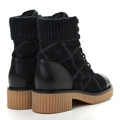 Chanel Suede Calfskin Velvet Quilted CC Combat Boots 37.5 Black 4 of 9