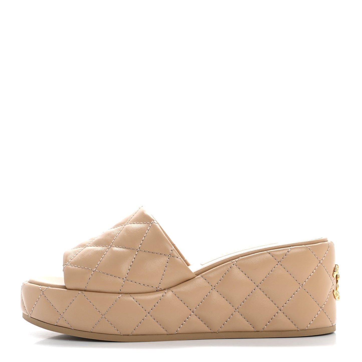 Lambskin Quilted Camelia CC Wedge Sandal Mules 39 Beige