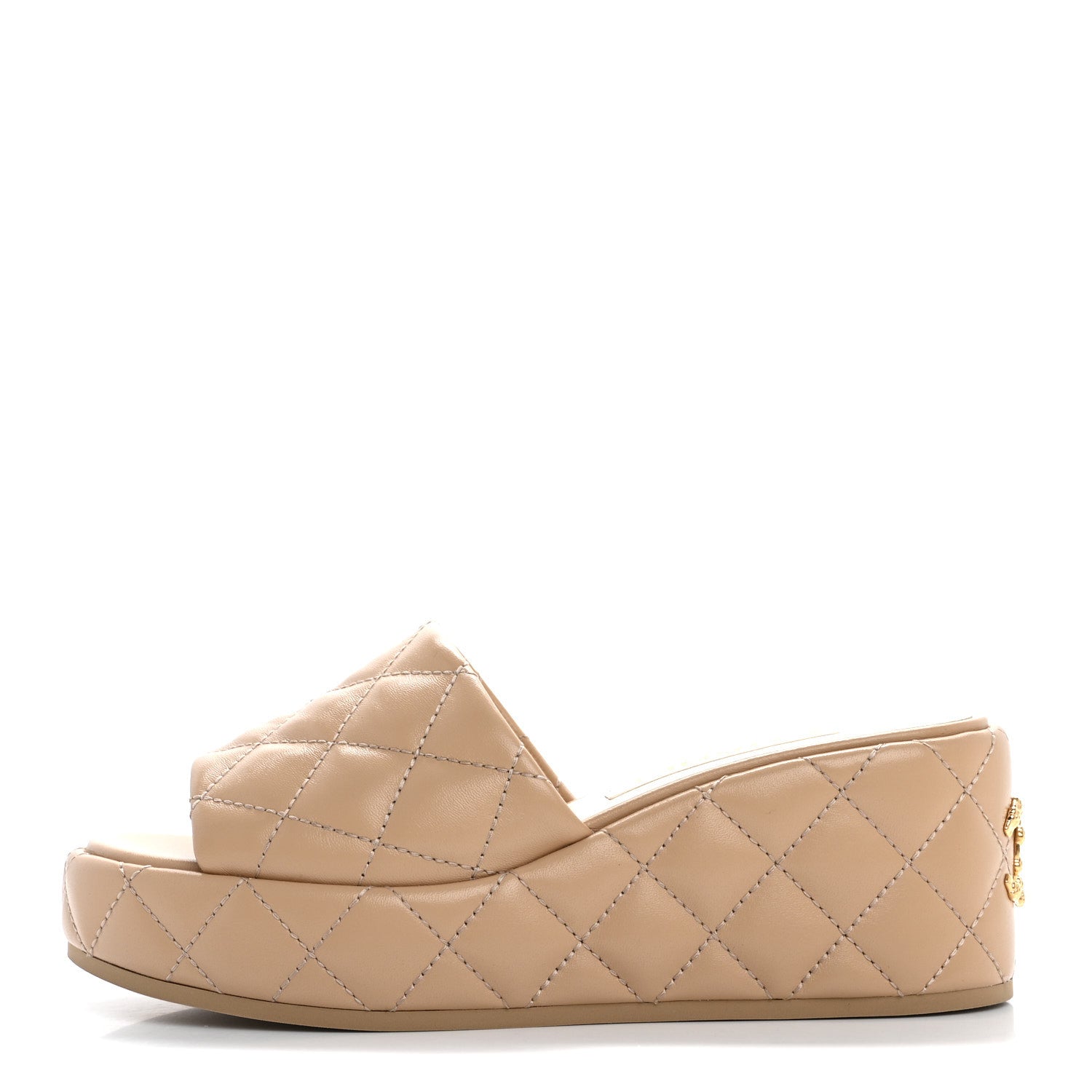 Chanel Lambskin Quilted Camelia CC Wedge Sandal Mules 39 Beige 1 of 10
