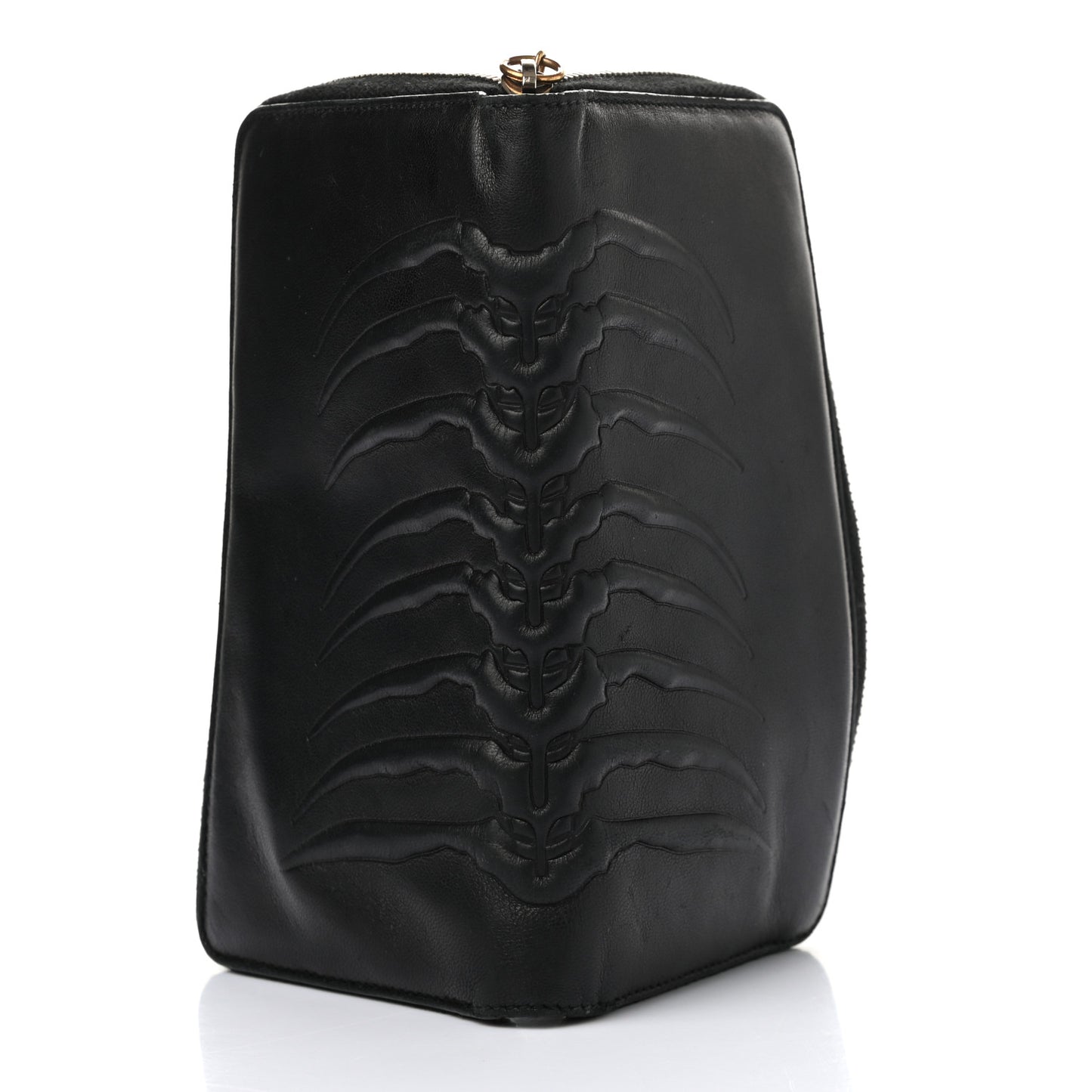 Embossed Calfskin Rib Cage Zip Around Wallet Black