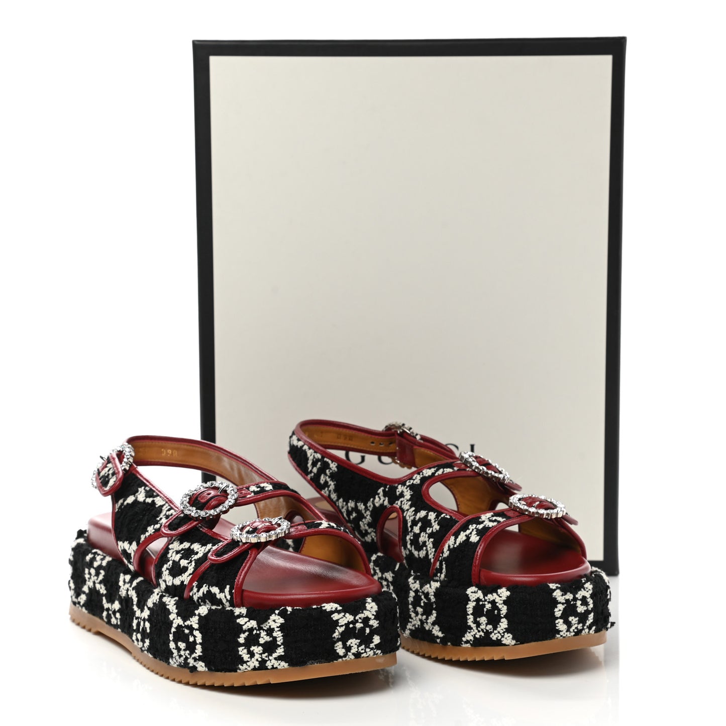 Tweed GG Monogram Crystal Angelina Platform Slingback Sandals 41 Black Natural Cerise