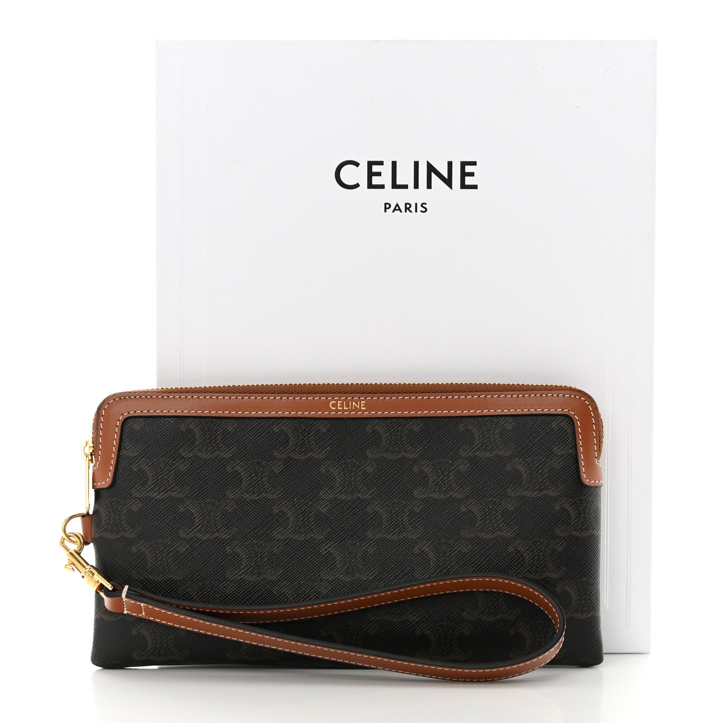 Triomphe Calfskin Long Pouch With Strap Tan
