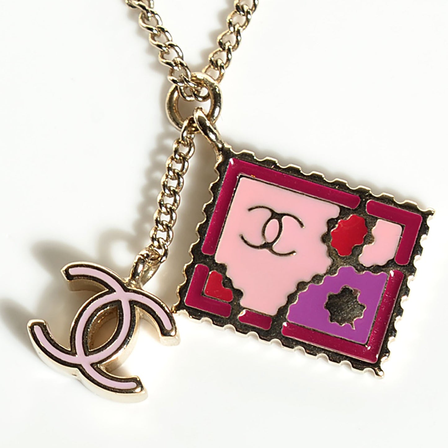 Enamel CC Stamp Necklace Gold Red Pink