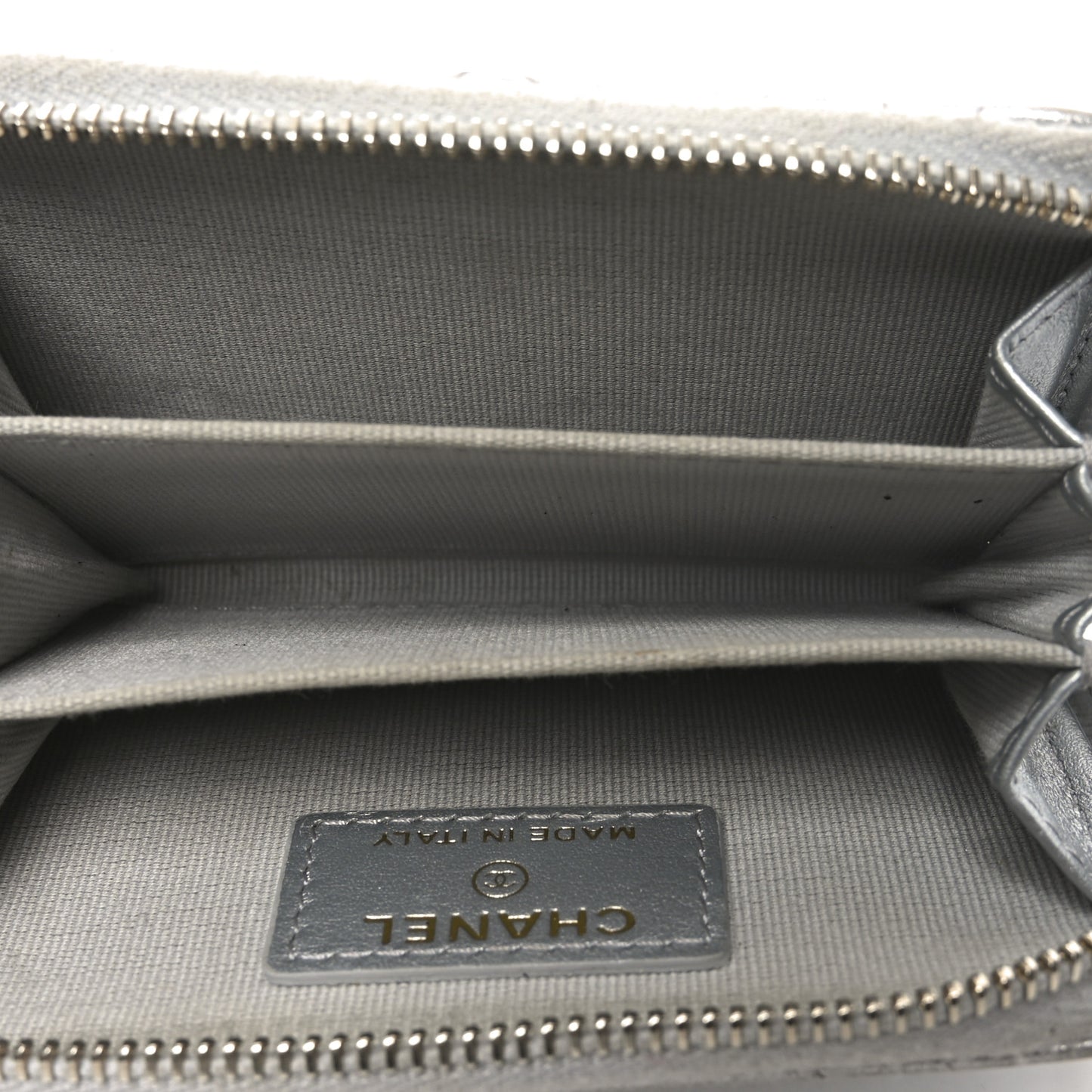 Metallic Lambskin Quilted Chanel 19 Zip Around Coin Purse Wallet Silver