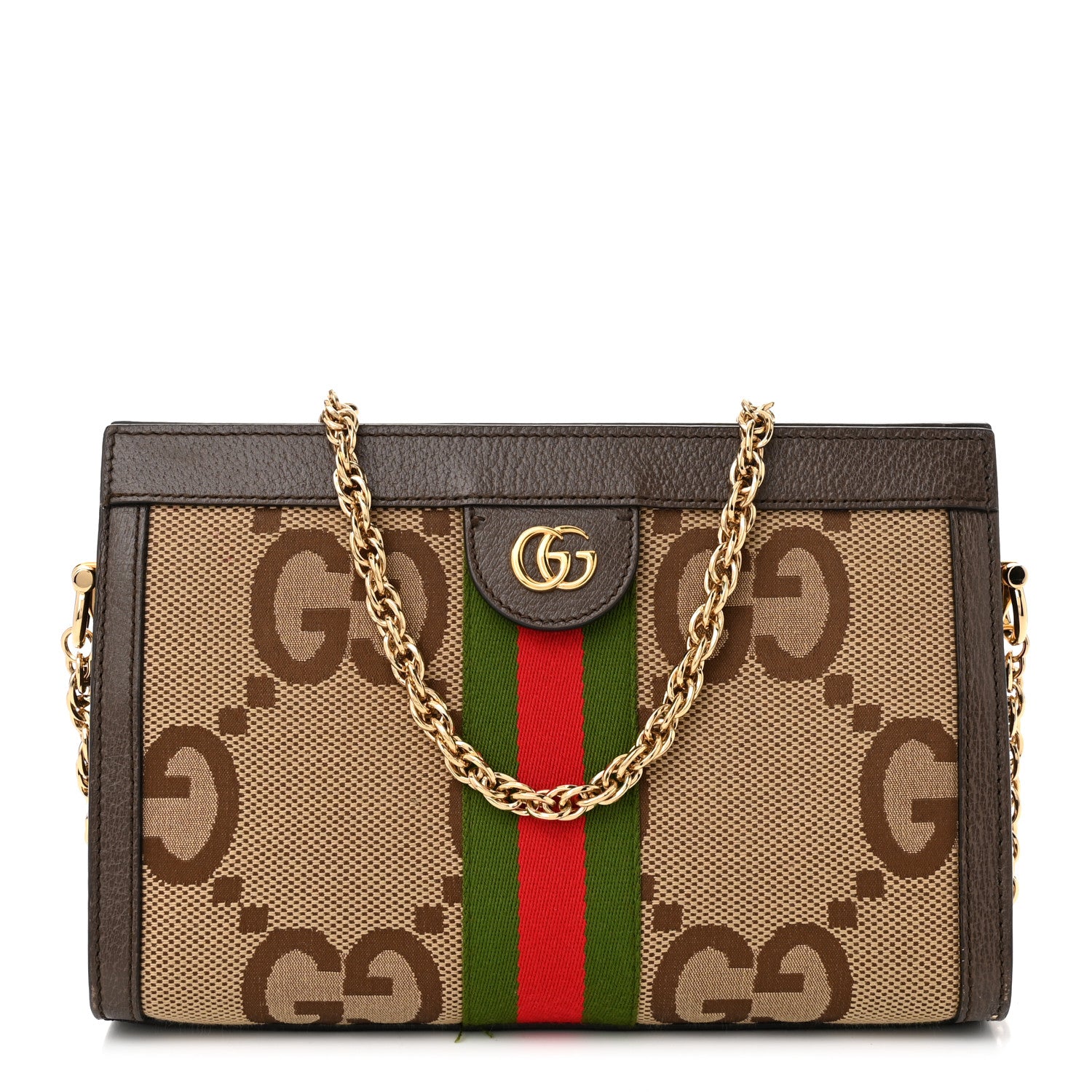 Gucci Monogram Jumbo GG Textured Dollar Calfskin Web Small Ophidia Chain Shoulder Bag Camel Ebony New Acero 1 of 13