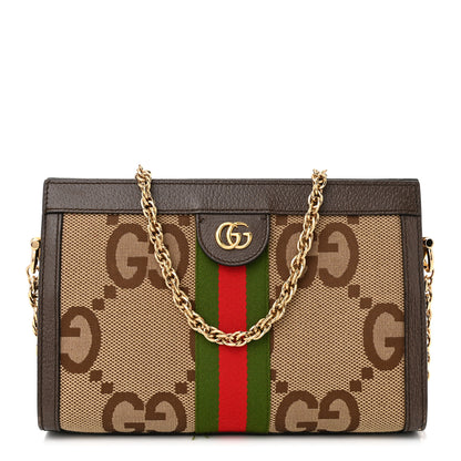 Gucci Monogram Jumbo GG Textured Dollar Calfskin Web Small Ophidia Chain Shoulder Bag Camel Ebony New Acero 1 of 13