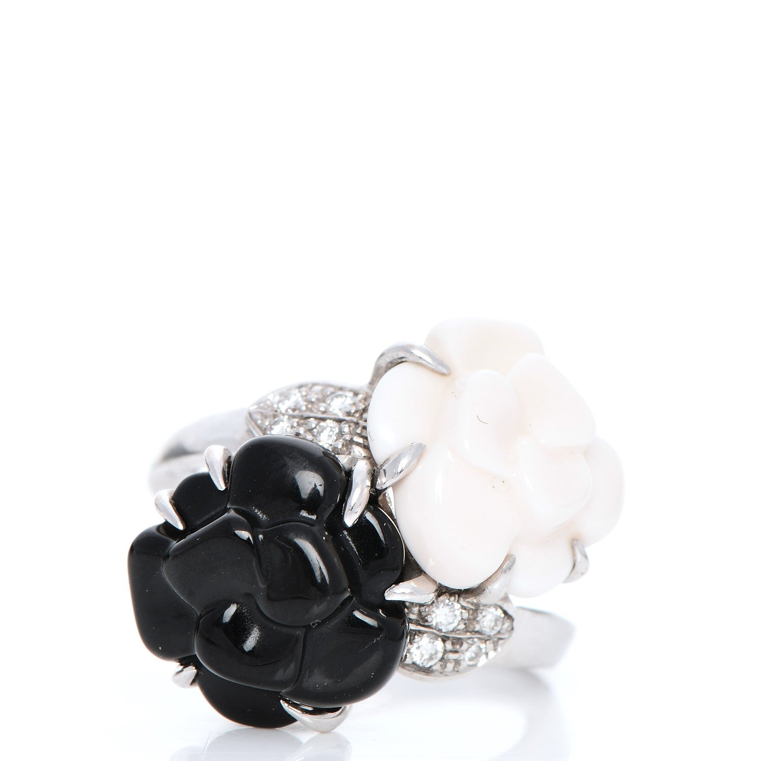 Chanel 18K White Gold Onyx White Agate Diamond Camellia Ring 4.5 1 of 6