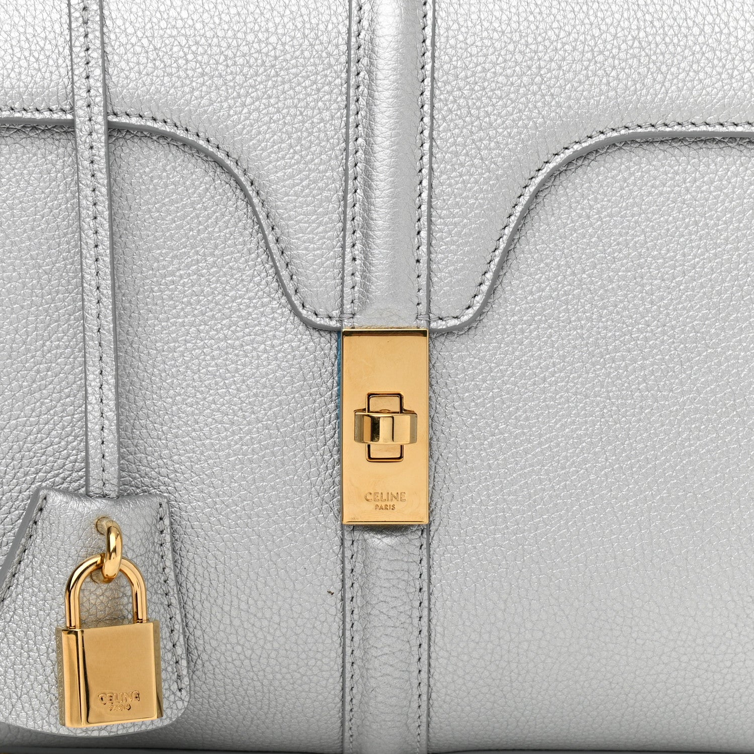 Celine Laminated Grained Calfskin Small 16 Top Handle Bag Silver 11 of 17