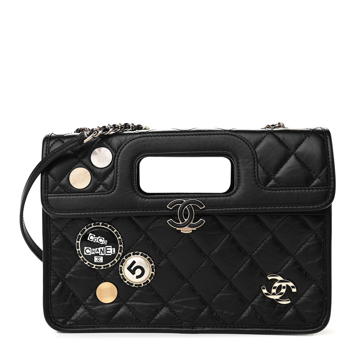 Aged Calfskin Charms Flap Bag Black