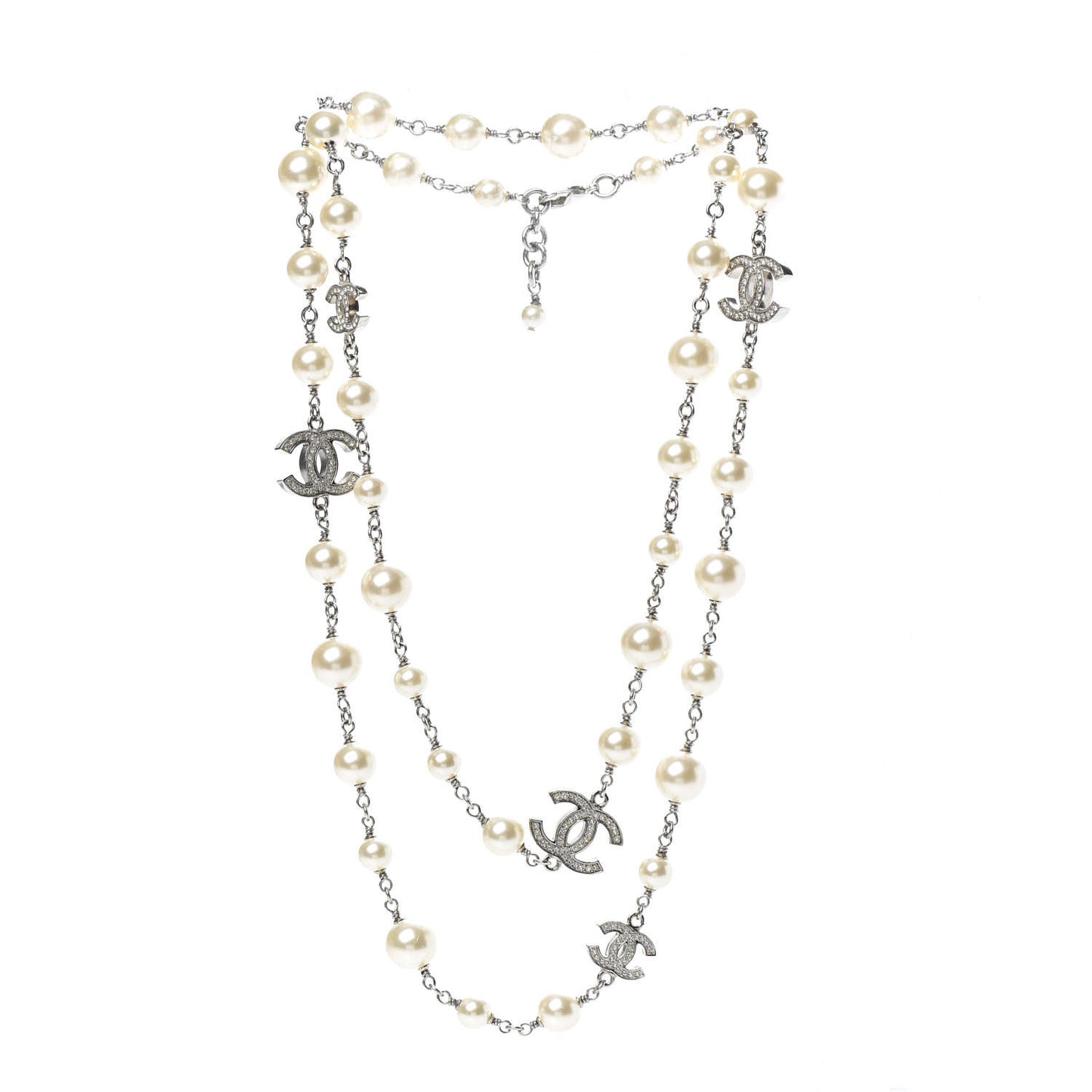 Graduated Pearl Crystal CC Long Necklace Silver
