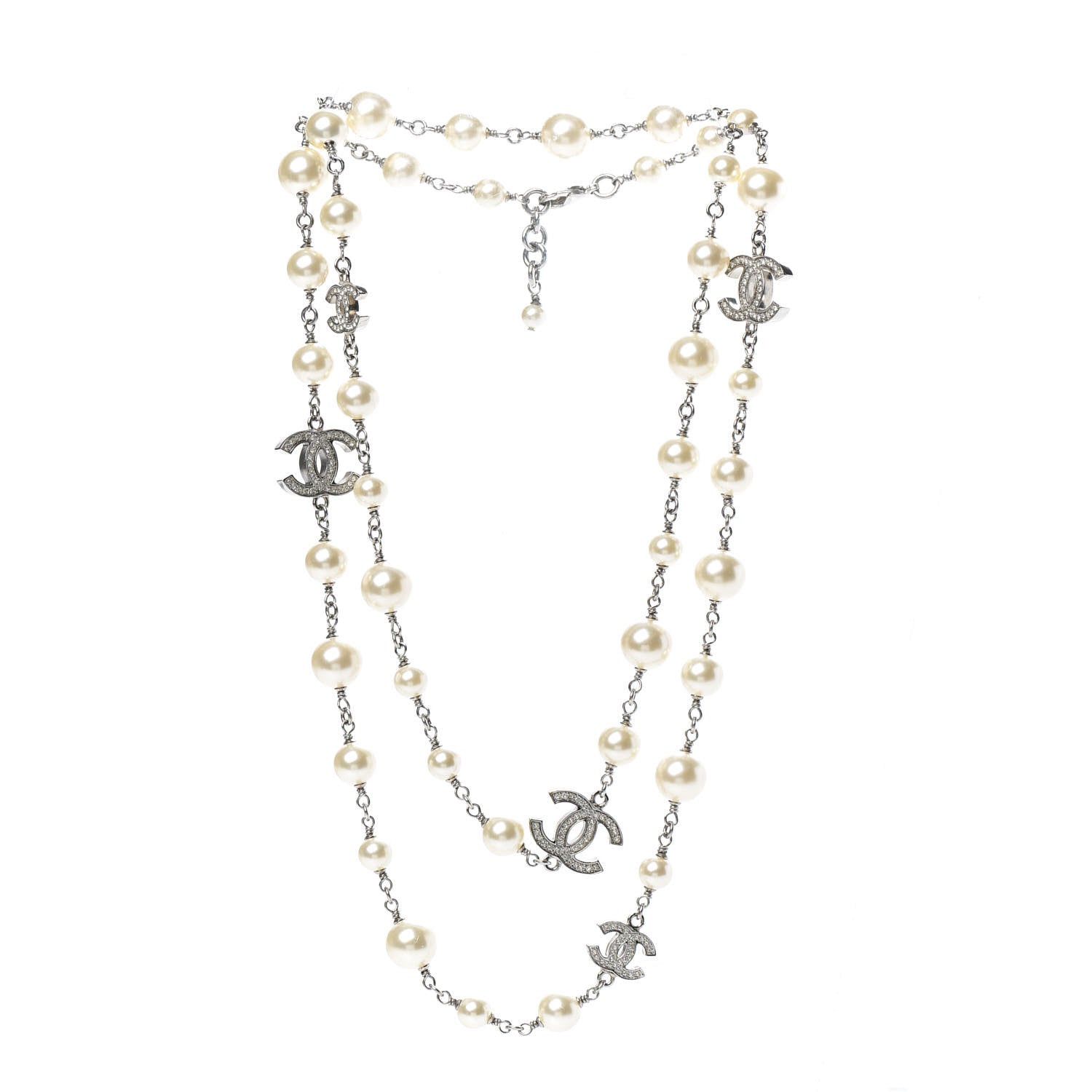 Chanel Graduated Pearl Crystal CC Long Necklace Silver 3 of 4