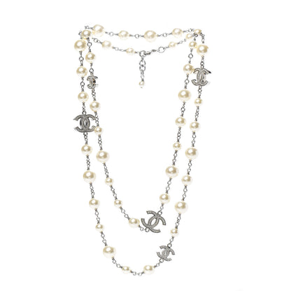 Chanel Graduated Pearl Crystal CC Long Necklace Silver 3 of 4