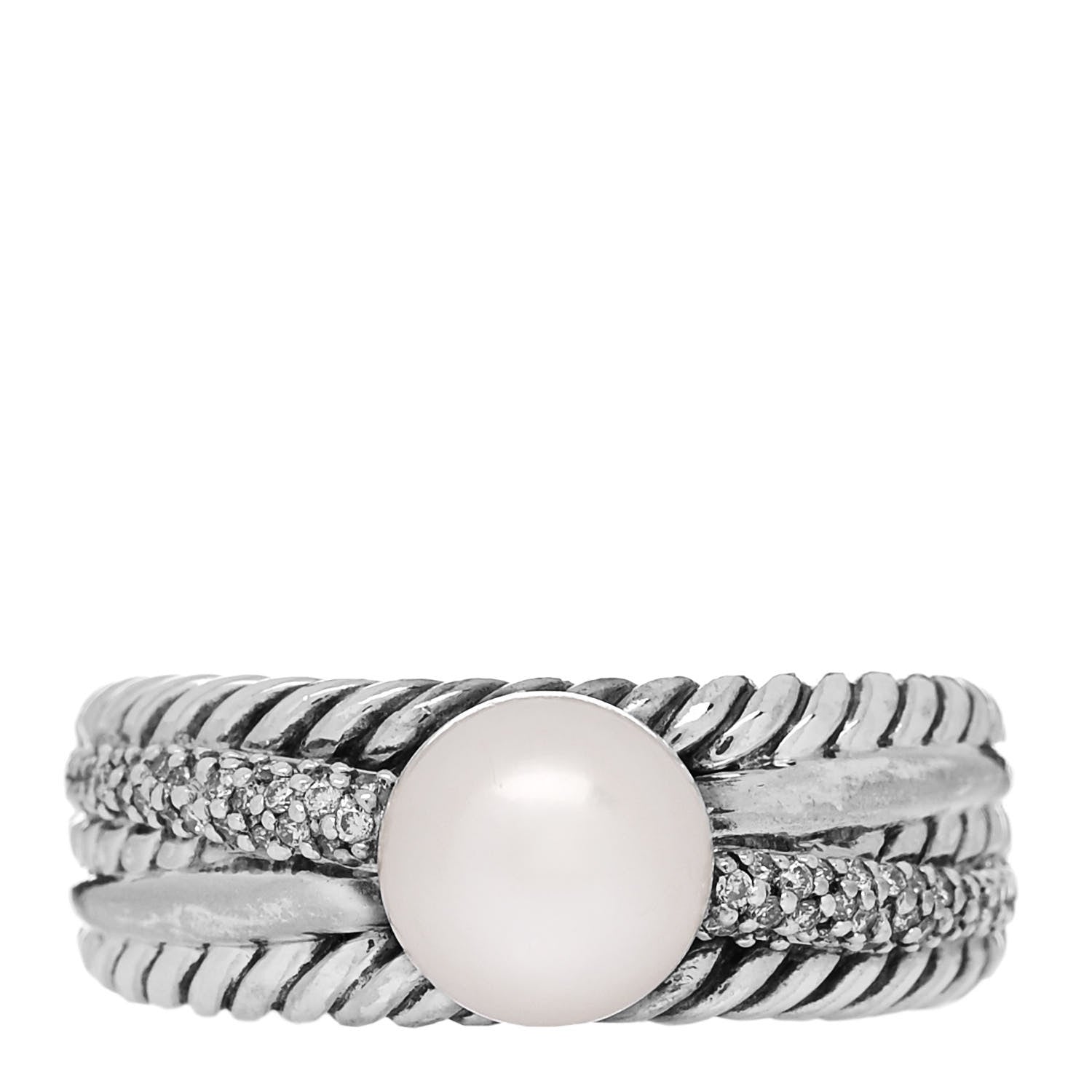 David Yurman Sterling Silver Diamond Freshwater Cultured Pearl Cable Crossover Ring 57 8 1 of 5