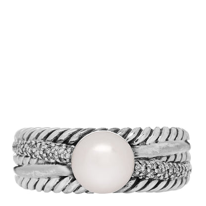 David Yurman Sterling Silver Diamond Freshwater Cultured Pearl Cable Crossover Ring 57 8 1 of 5