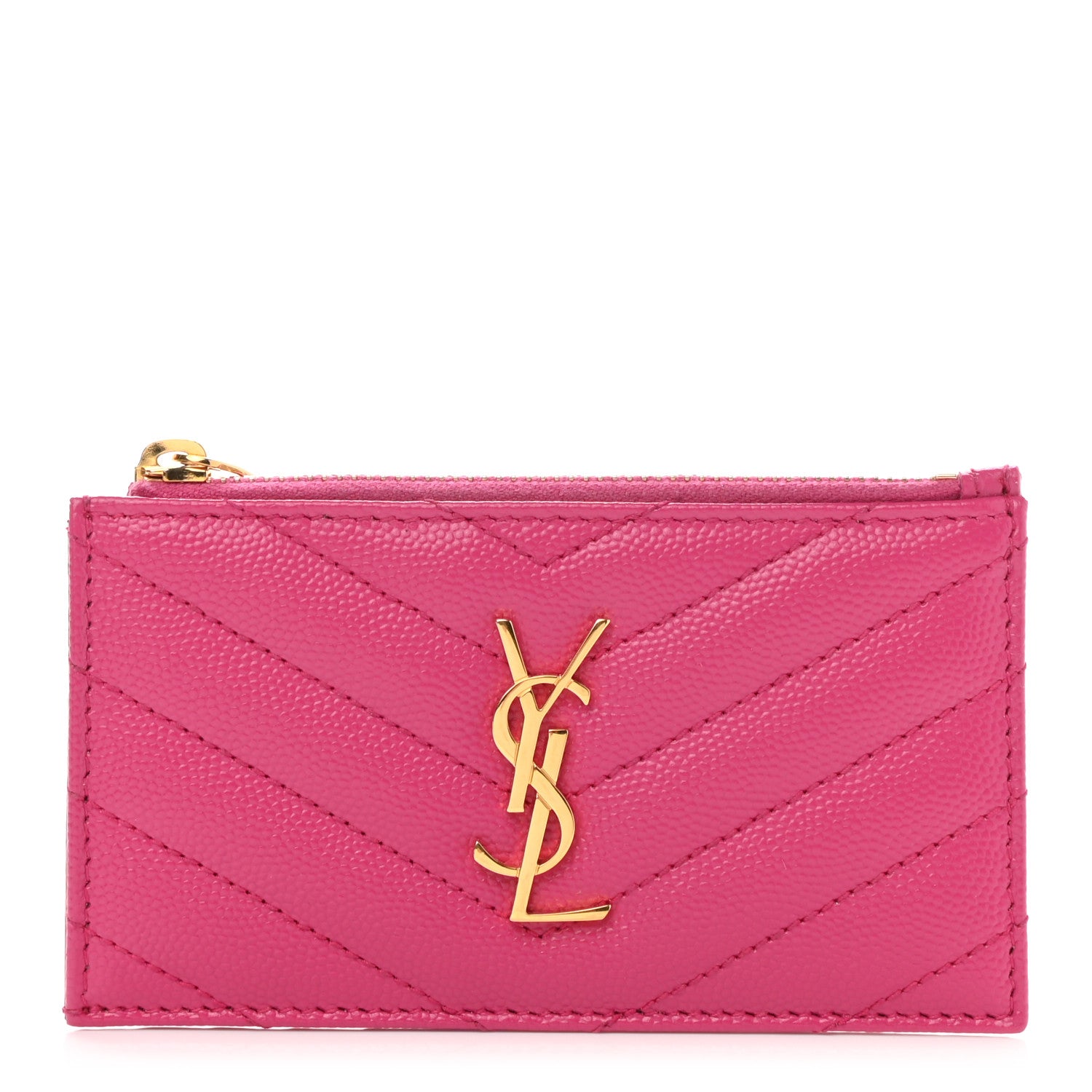 Saint Laurent Grain De Poudre Matelasse Chevron Monogram Fragments Zippered Card Case Fresh Fuxia 1 of 8