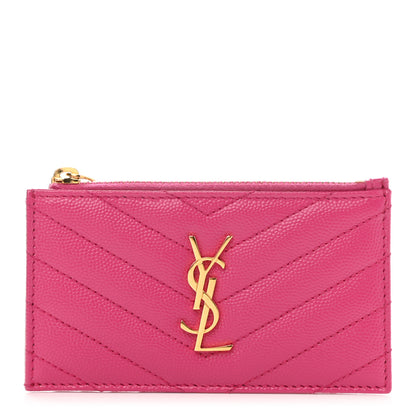Saint Laurent Grain De Poudre Matelasse Chevron Monogram Fragments Zippered Card Case Fresh Fuxia 1 of 8