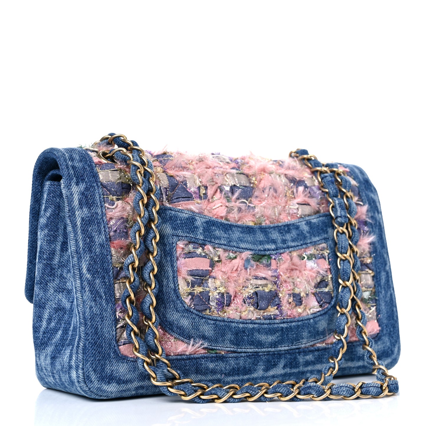 Denim Tweed Quilted Medium Double Flap Blue